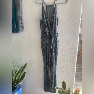 Crushed velvet high waist blue jogger jumper jumpsuit